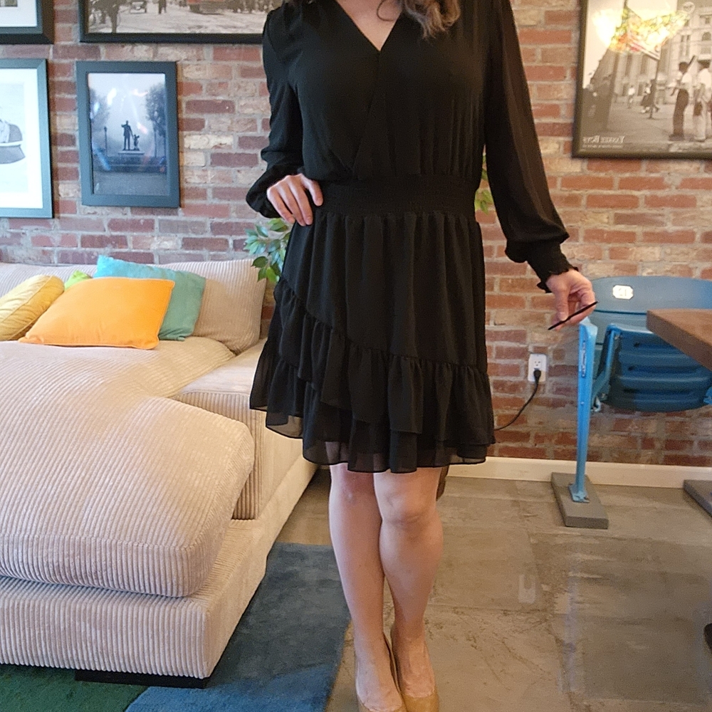 Michael Kors black flounce dress asymmetric ruffling cinch waist NWOT